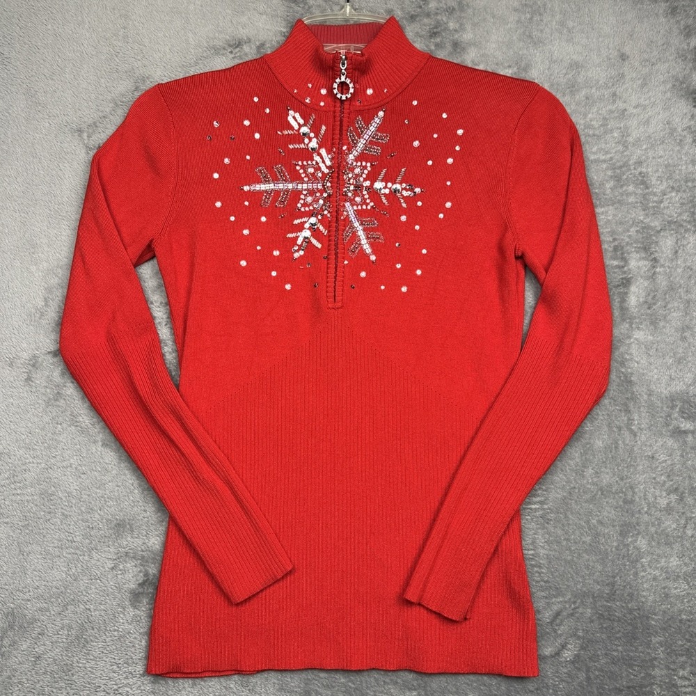 Boston Proper Sweater Women's 2XS Red Embellished Crystal Snowflake Design EUC